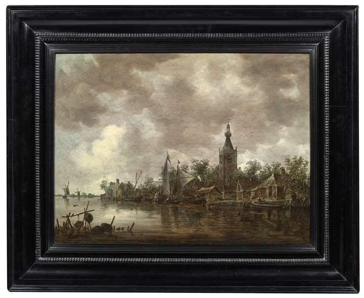 View of Overschie from the river bank with Sailing Boats and other small vessels moored.
